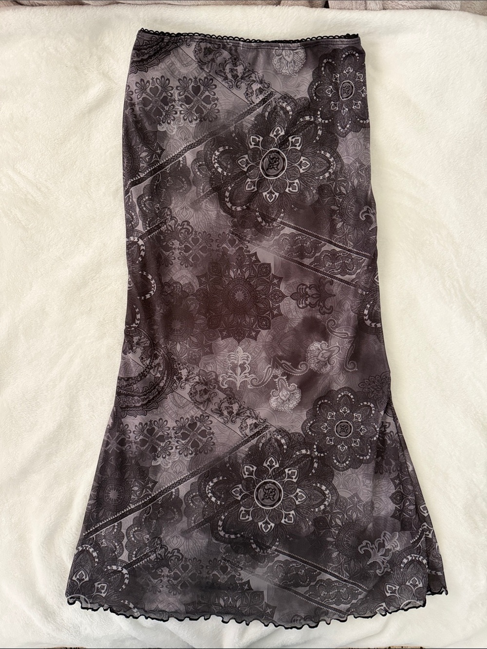 Sheer Floral Lace-Print Maxi Slip Skirt in Charcoal